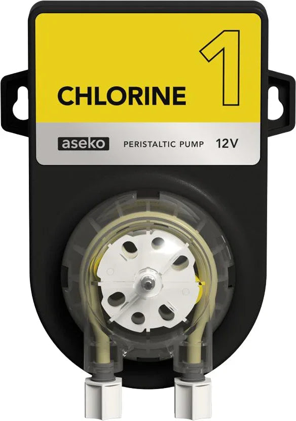 Aseko peristaltic chlorine dosing pump for pool water treatment, 12V, black with yellow label.