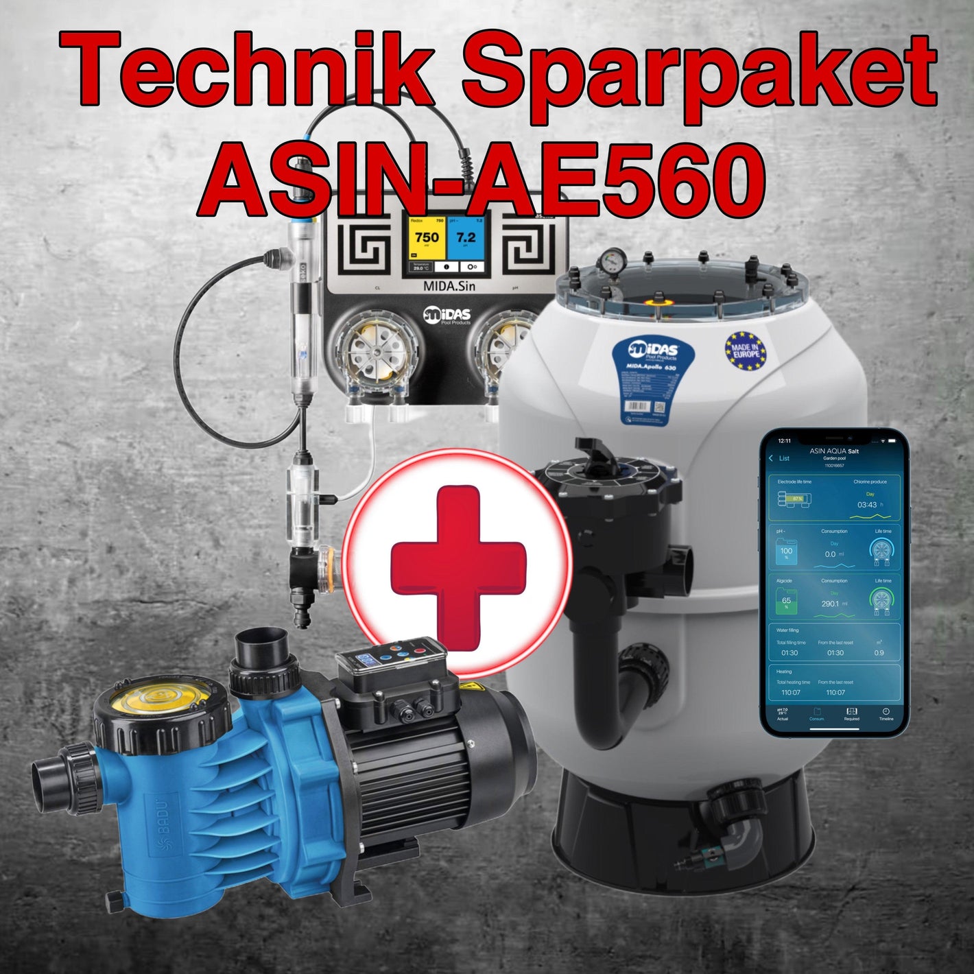 Technikpaket - Sandfilter Apollo + Mida Sin + Frequenzgesteuerter Pumpe - Poolteg Shop