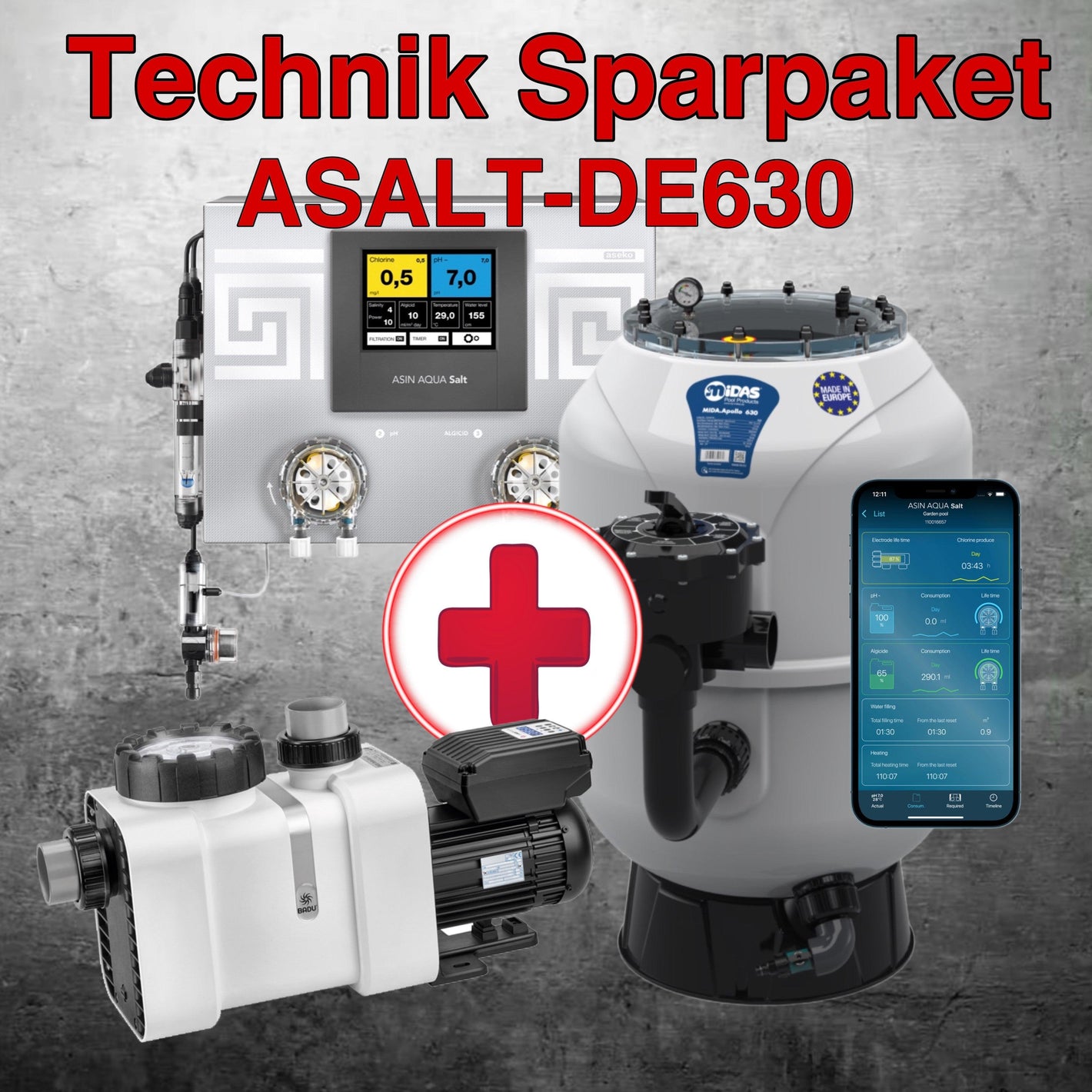 Technikpaket - Sandfilter Apollo + Salzelektrolyse + Frequenzgesteuerter Pumpe - Poolteg Shop